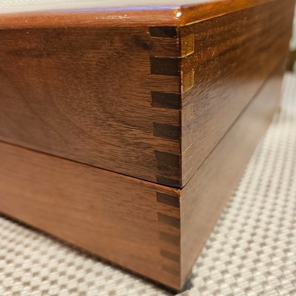 Crafted Walnut Wood Storage Box w Black Felt Interior Vintage Tobacco Box Large